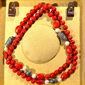 Gorgeous coral neckpiece with silver & pearl accents